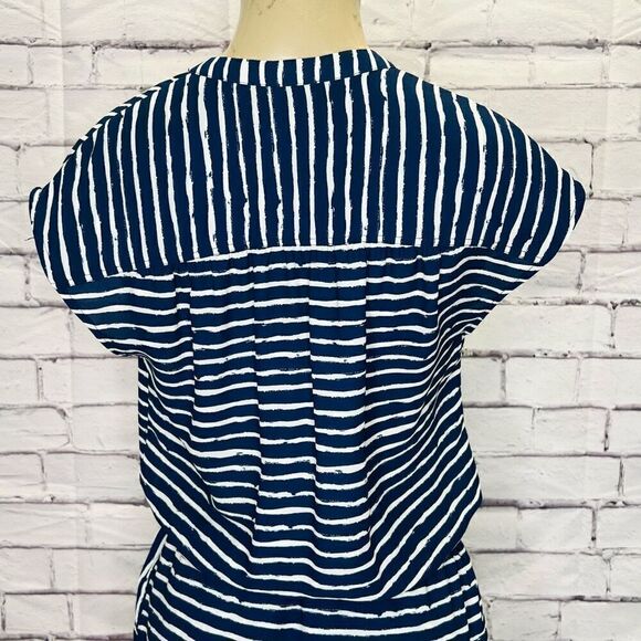 Banana Republic Womens Blue & Cream Striped Cap Sleeve Split Neck Blouson Dress - Picture 7 of 10